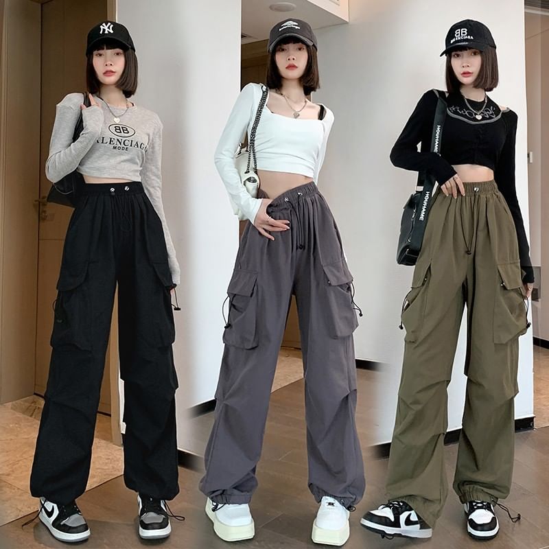 PINPI - 高腰純色抽繩工裝低胯褲