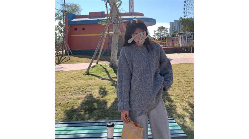 ANORA - 圓領純色麻花針織毛衣