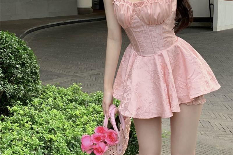 Windflower - 套裝: 無帶提花迷你A字緊身胸衣連衣裙 + 短褲