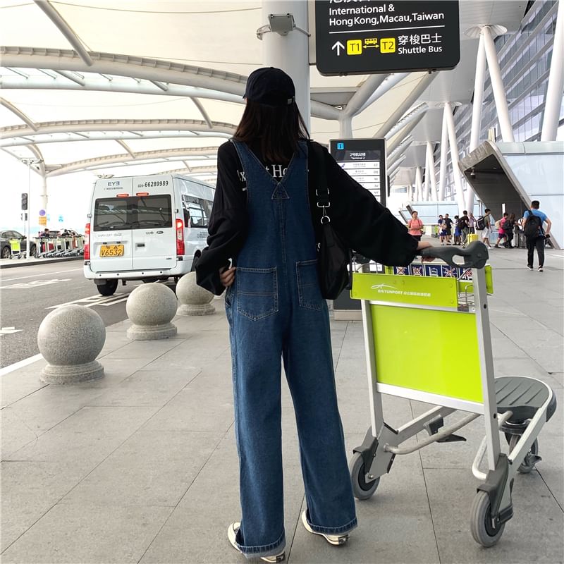 monroll - 純色寬鬆牛仔背帶褲