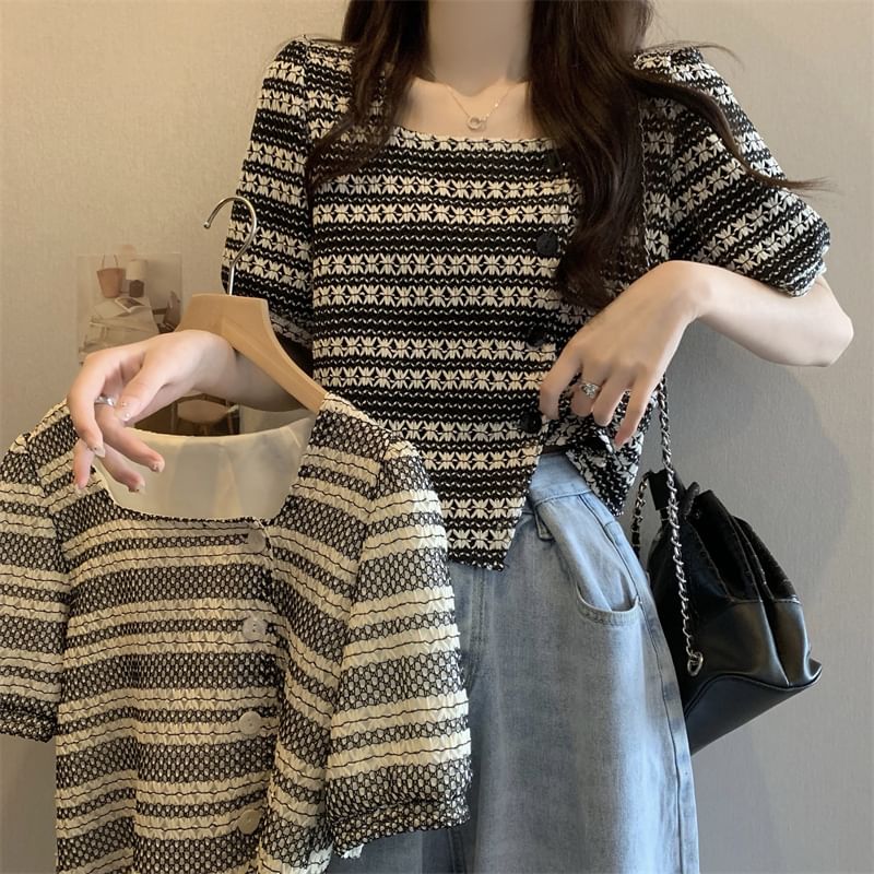 Shinsei - 泡泡袖方領圖案不對稱襯衫