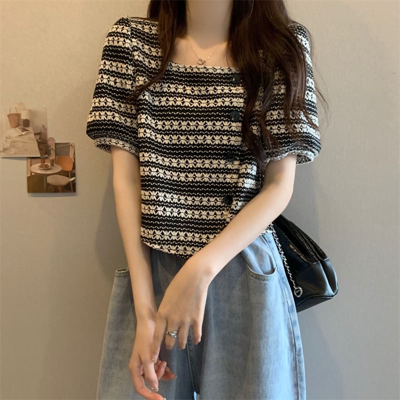 Shinsei - 泡泡袖方領圖案不對稱襯衫