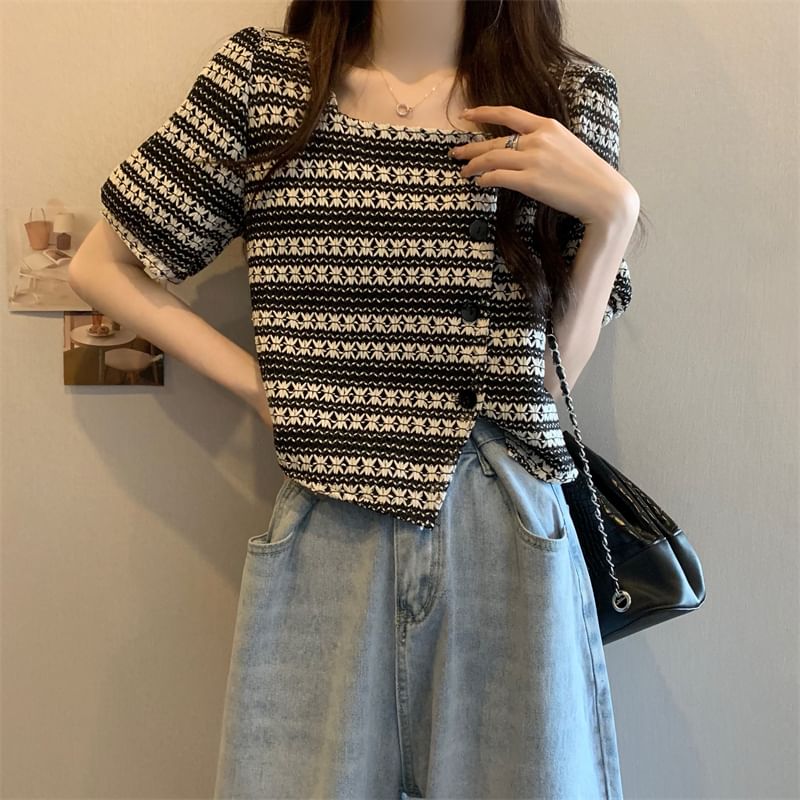 Shinsei - 泡泡袖方領圖案不對稱襯衫