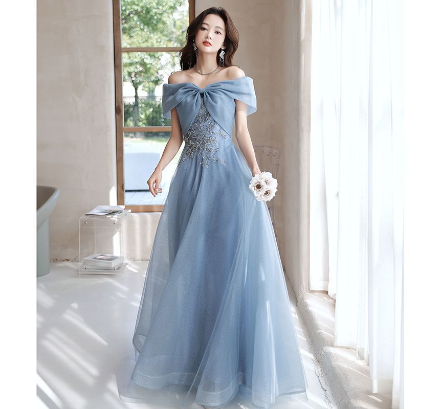 MSSBridal - 短袖露肩亮片珠飾網紗A字晚禮服 / 禮服中長裙