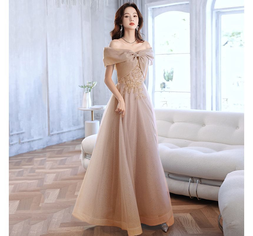 MSSBridal - 短袖露肩亮片珠飾網紗A字晚禮服 / 禮服中長裙