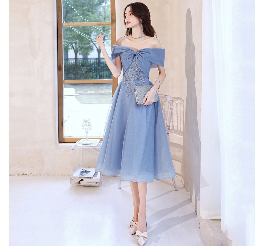 MSSBridal - 短袖露肩亮片珠飾網紗A字晚禮服 / 禮服中長裙
