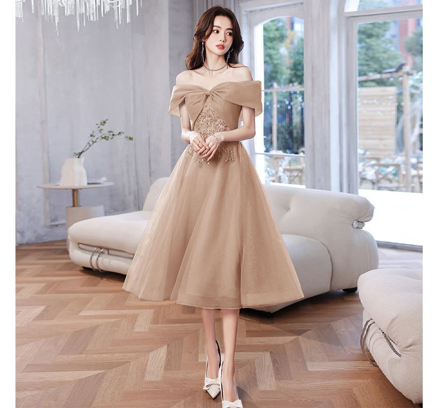 MSSBridal - 短袖露肩亮片珠飾網紗A字晚禮服 / 禮服中長裙