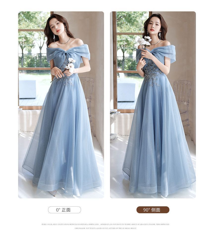 MSSBridal - 短袖露肩亮片珠飾網紗A字晚禮服 / 禮服中長裙