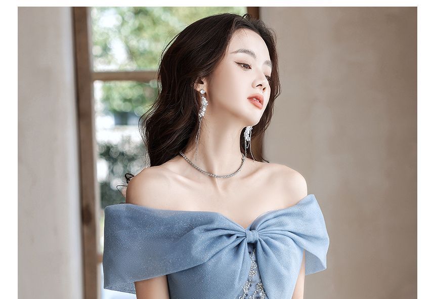 MSSBridal - 短袖露肩亮片珠飾網紗A字晚禮服 / 禮服中長裙