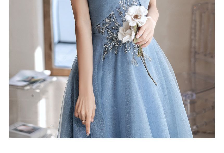 MSSBridal - 短袖露肩亮片珠飾網紗A字晚禮服 / 禮服中長裙