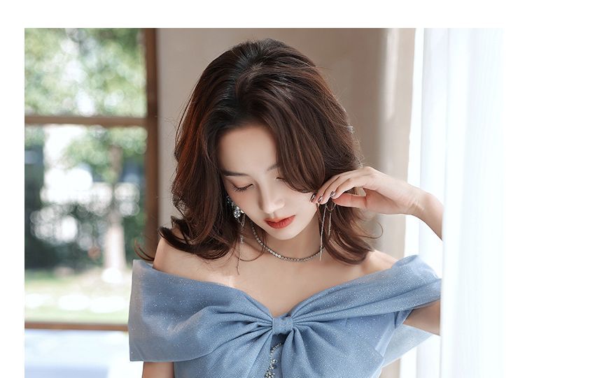 MSSBridal - 短袖露肩亮片珠飾網紗A字晚禮服 / 禮服中長裙