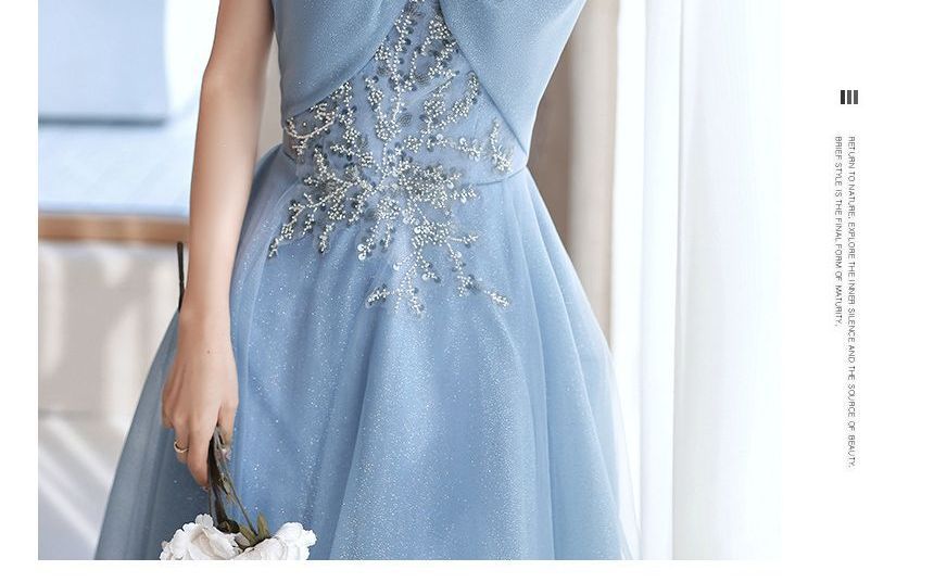 MSSBridal - 短袖露肩亮片珠飾網紗A字晚禮服 / 禮服中長裙
