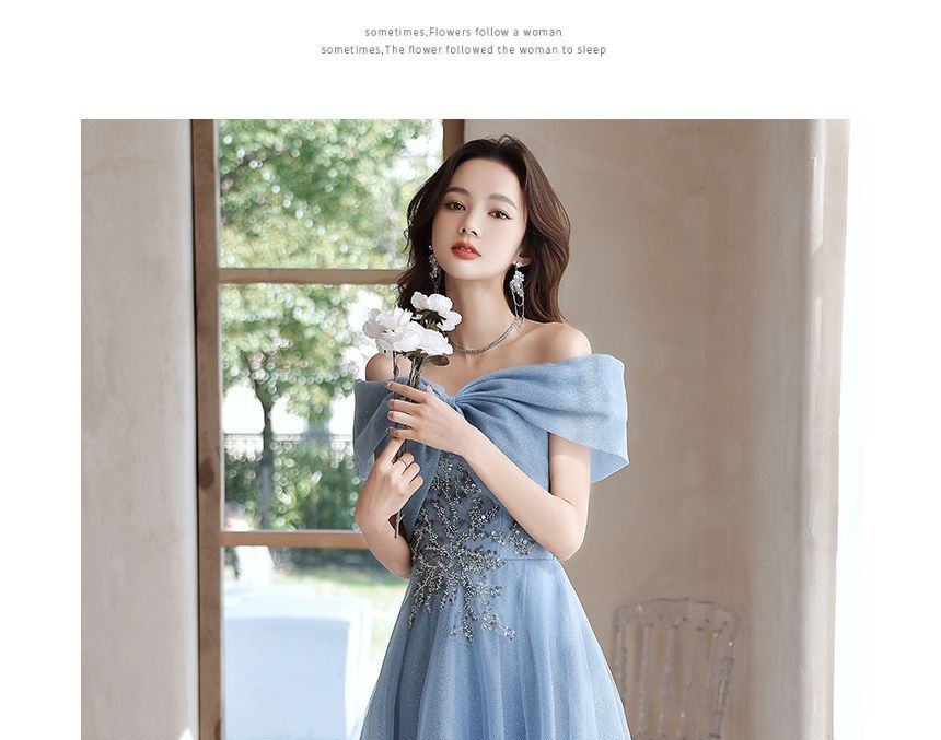 MSSBridal - 短袖露肩亮片珠飾網紗A字晚禮服 / 禮服中長裙