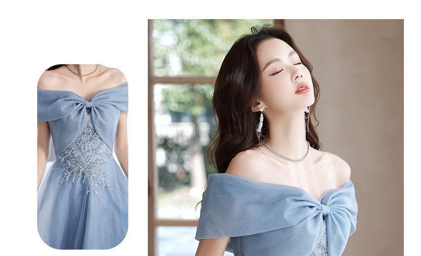 MSSBridal - 短袖露肩亮片珠飾網紗A字晚禮服 / 禮服中長裙