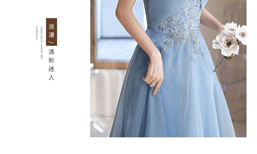 MSSBridal - 短袖露肩亮片珠飾網紗A字晚禮服 / 禮服中長裙