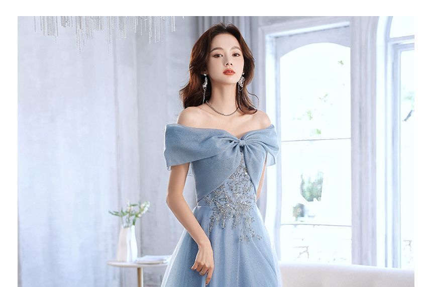 MSSBridal - 短袖露肩亮片珠飾網紗A字晚禮服 / 禮服中長裙