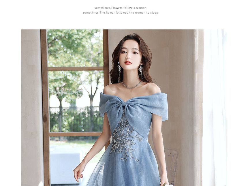 MSSBridal - 短袖露肩亮片珠飾網紗A字晚禮服 / 禮服中長裙