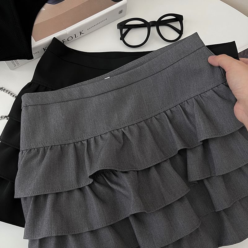 DIYI - 高腰純色迷你A字搭層裙