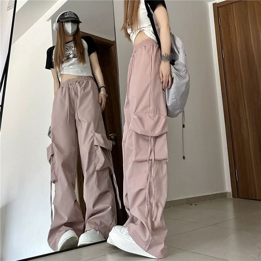 Rosesand - 中腰純色抽繩工裝低胯褲