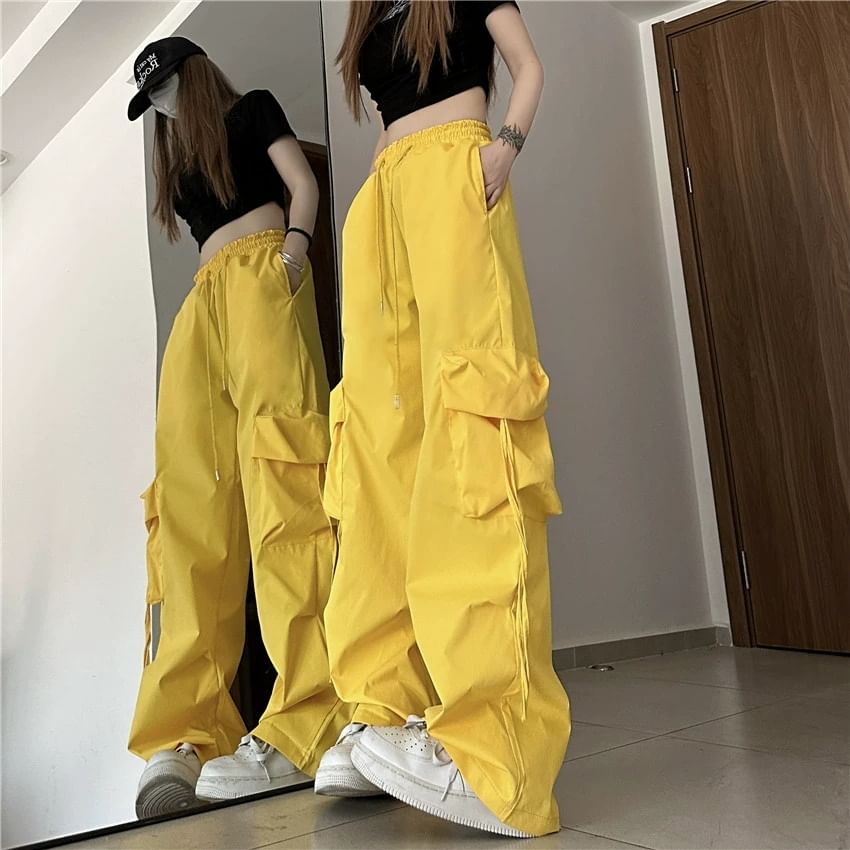 Rosesand - 中腰純色抽繩工裝低胯褲