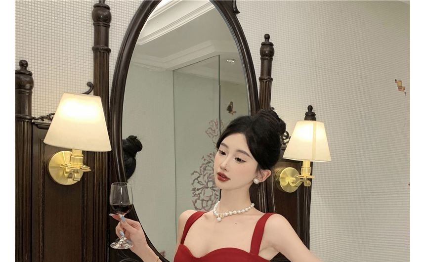 NENE - 無袖心形領純色開衩塑身連衣長裙