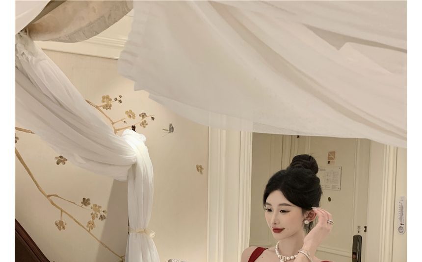 NENE - 無袖心形領純色開衩塑身連衣長裙