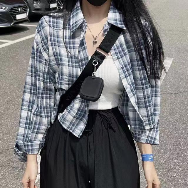 Happo - 長袖扣鈕格子短款襯衫