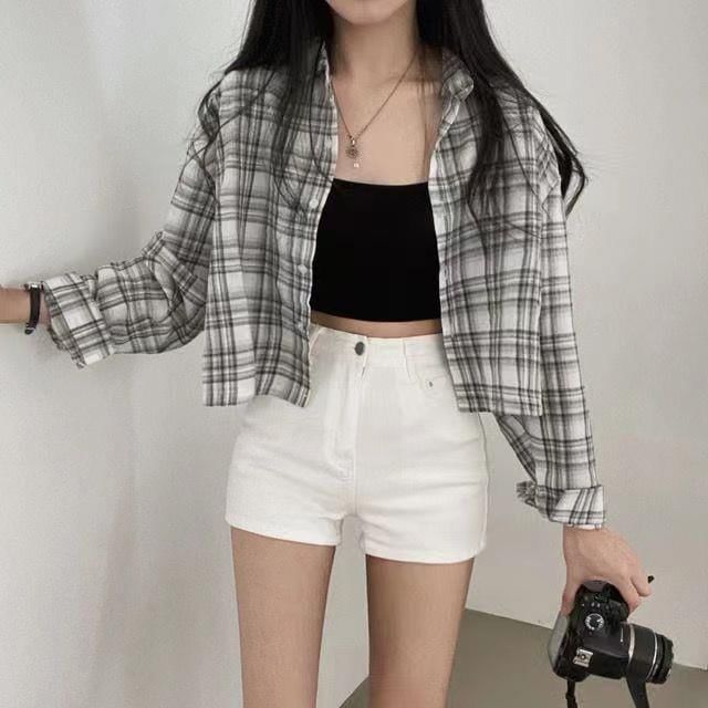 Happo - 長袖扣鈕格子短款襯衫