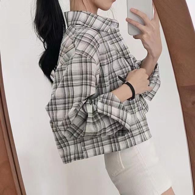 Happo - 長袖扣鈕格子短款襯衫
