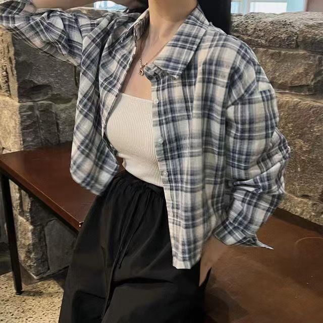 Happo - 長袖扣鈕格子短款襯衫
