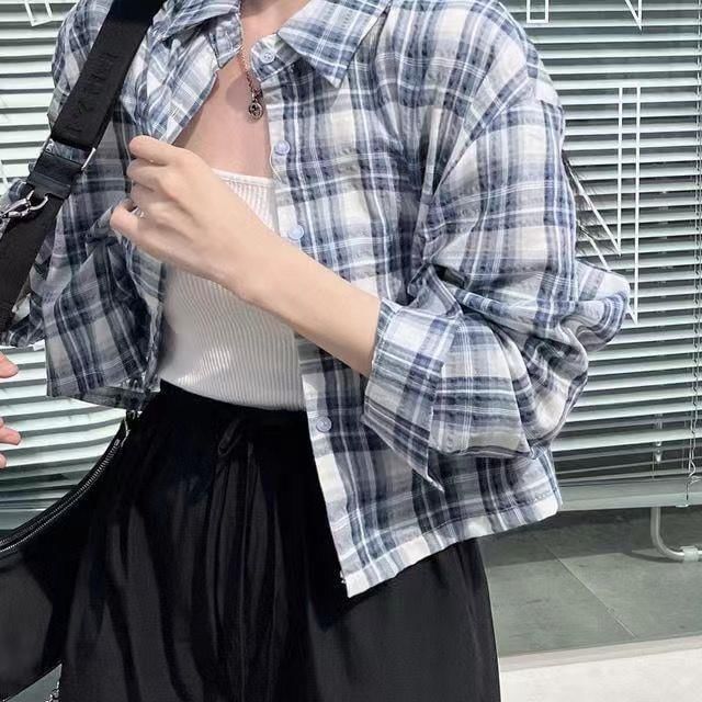 Happo - 長袖扣鈕格子短款襯衫
