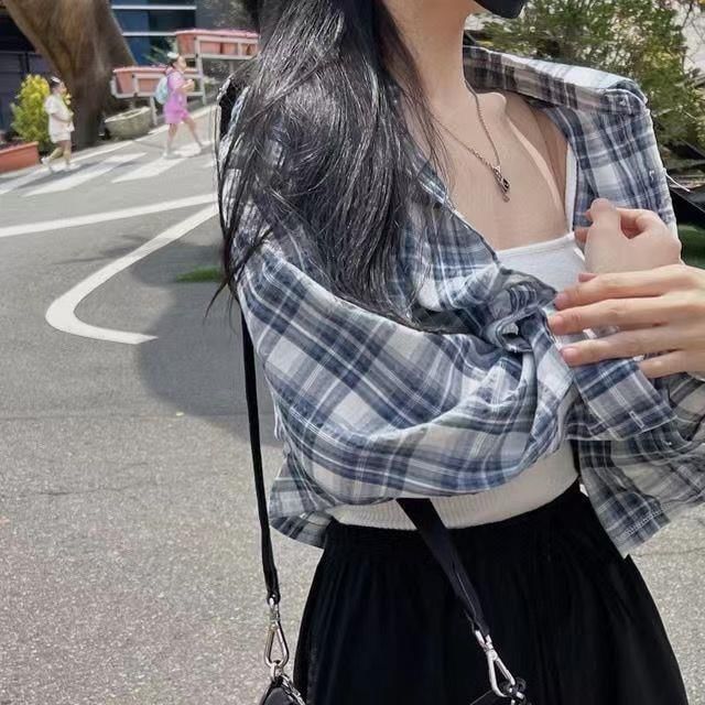 Happo - 長袖扣鈕格子短款襯衫