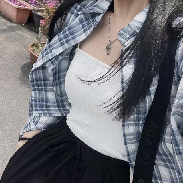 Happo - 長袖扣鈕格子短款襯衫