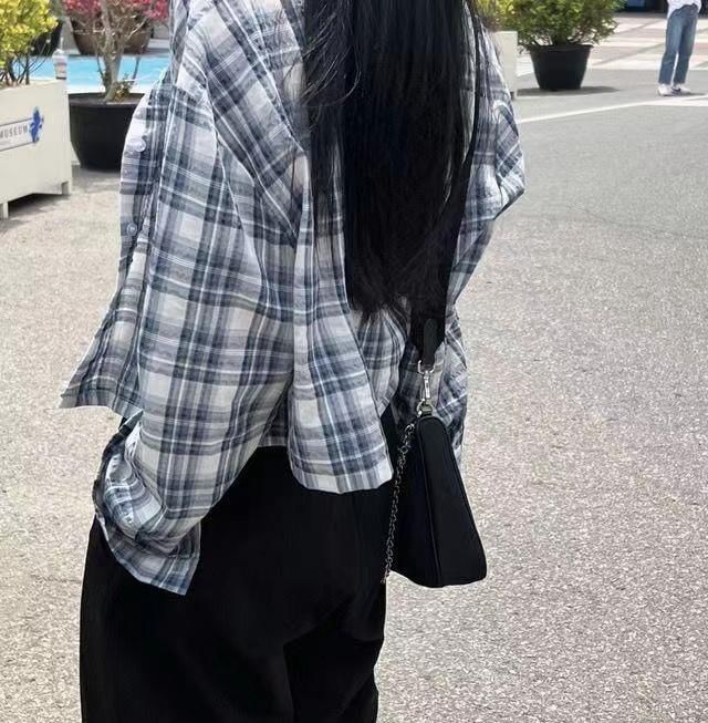 Happo - 長袖扣鈕格子短款襯衫