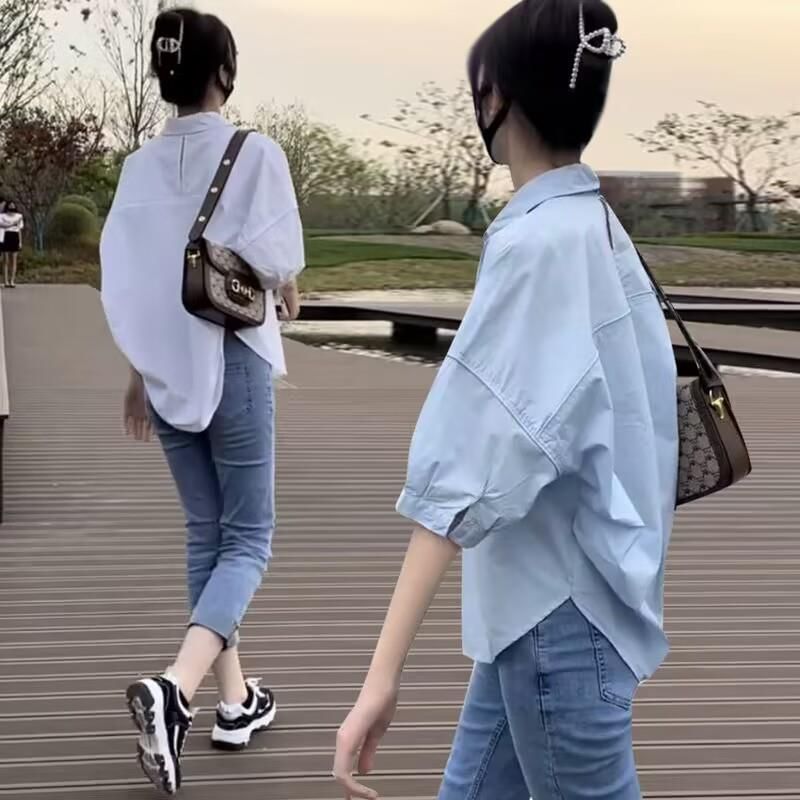 Happo - 中袖純色皺褶襯衫