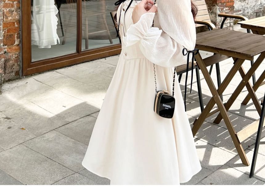 Sisyphi - 長袖方領蝴蝶結細褶皺摺邊鈕扣迷你A字連衣裙