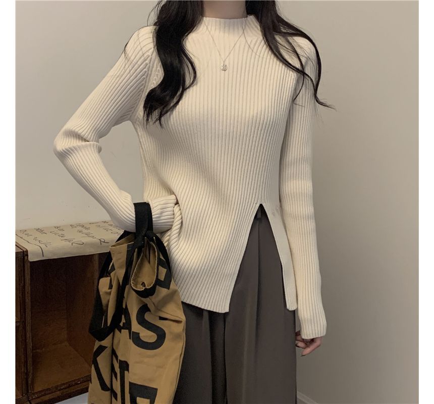 Mikiko - 小高領純色側開衩羅紋毛衣