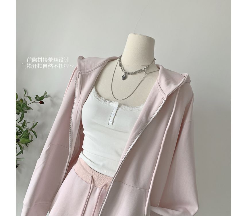 Rosesand - 扣領衫純色蕾絲邊羅紋短款吊帶背心 / 抽繩腰迷你A字裙 / 拉鏈連帽衫
