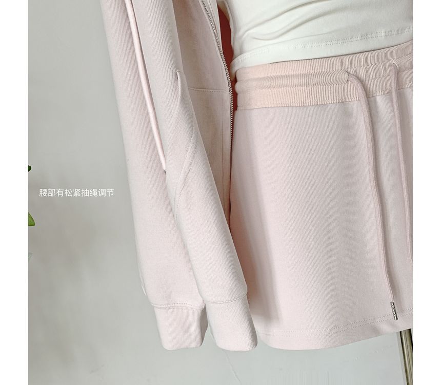 Rosesand - 扣領衫純色蕾絲邊羅紋短款吊帶背心 / 抽繩腰迷你A字裙 / 拉鏈連帽衫