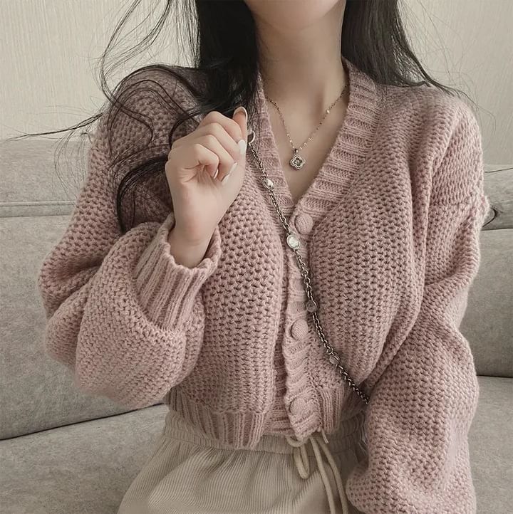 Mikiko - V領純色扣鈕短款開衫