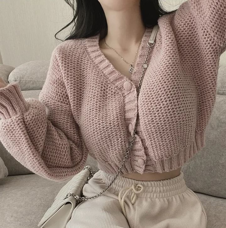 Mikiko - V領純色扣鈕短款開衫