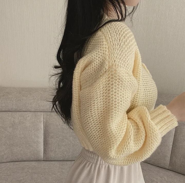 Mikiko - V領純色扣鈕短款開衫