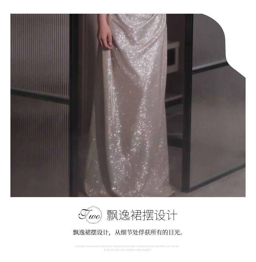 MSSBridal - 短袖露肩純色亮面皺褶A字晚禮服