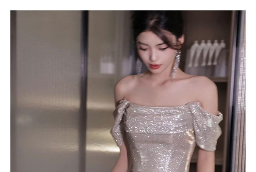 MSSBridal - 短袖露肩純色亮面皺褶A字晚禮服