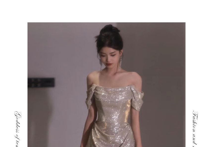 MSSBridal - 短袖露肩純色亮面皺褶A字晚禮服