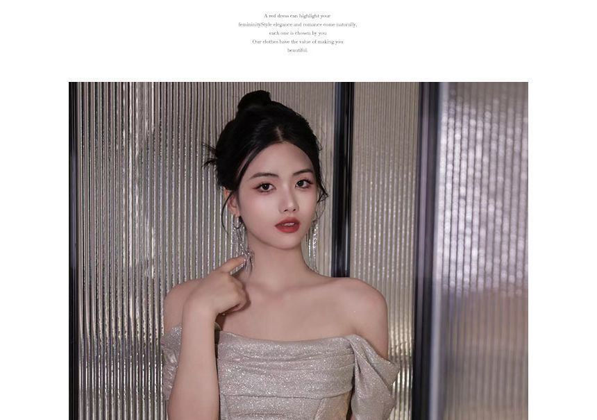 MSSBridal - 短袖露肩純色亮面皺褶A字晚禮服