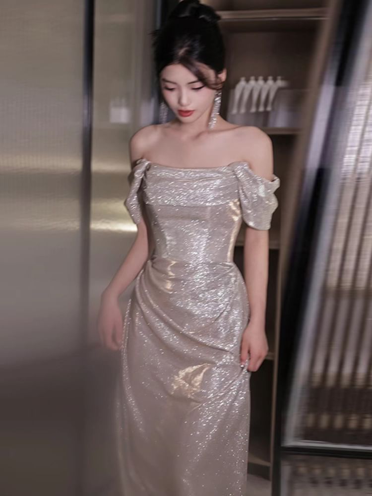 MSSBridal - 短袖露肩純色亮面皺褶A字晚禮服