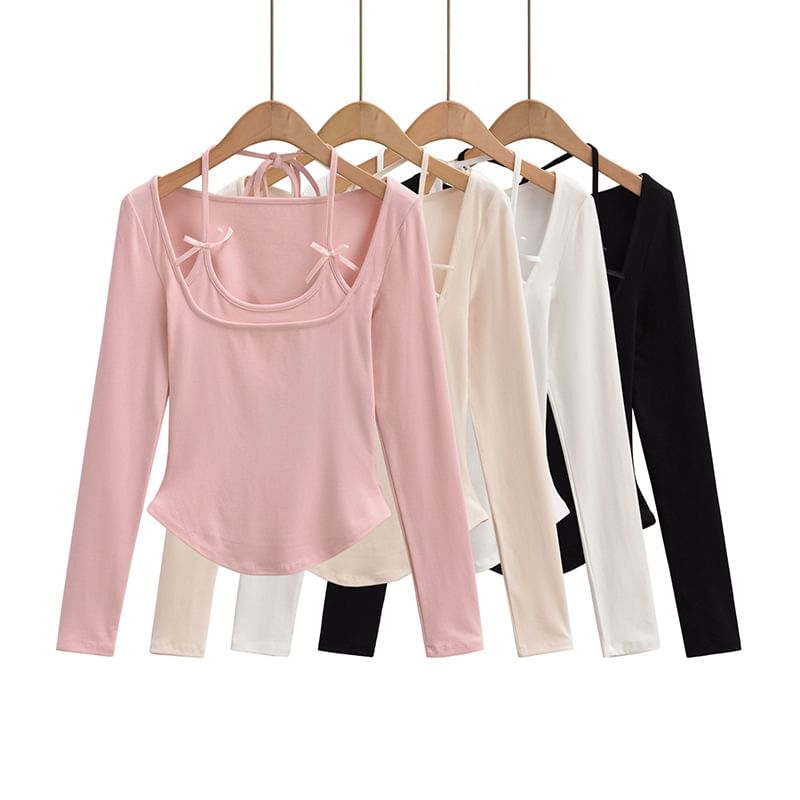 Asiris - 長袖仿兩件式圓領純色修身上衣