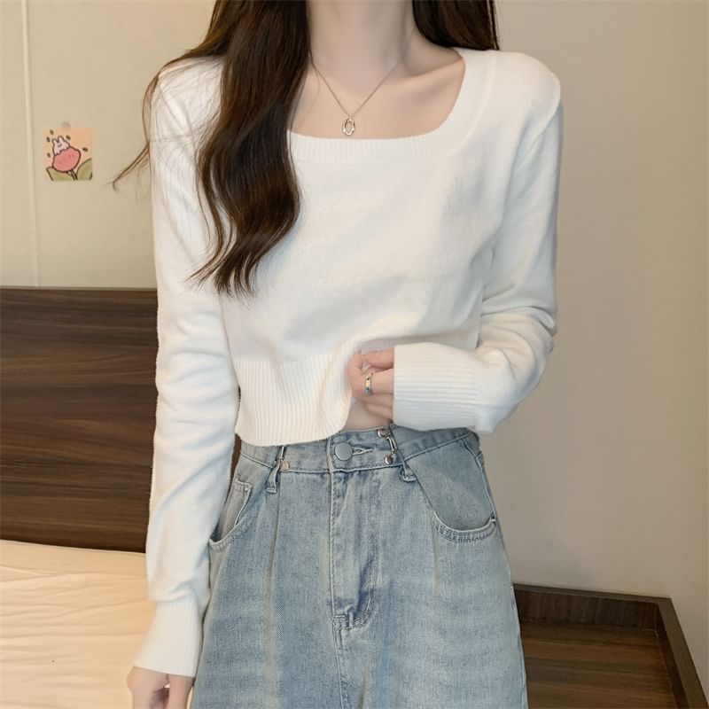 Isaaca - 長袖方領純色針織上衣