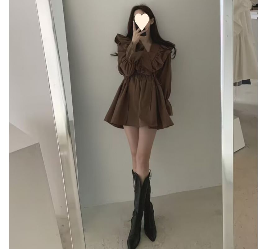 Elbelier - 泡泡袖V領純色荷葉迷你A字連衣裙